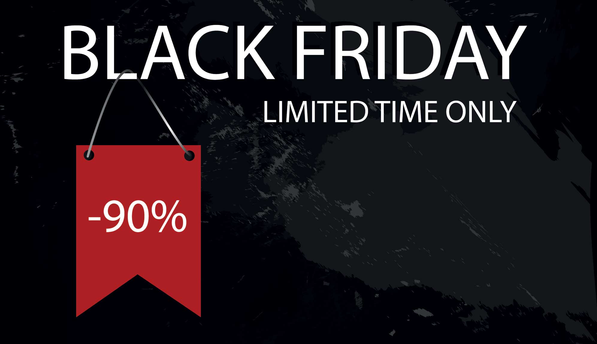 Illustration mit den Wörtern Black Friday, limited time only und einer Fahne mit der Aufschrift -90%